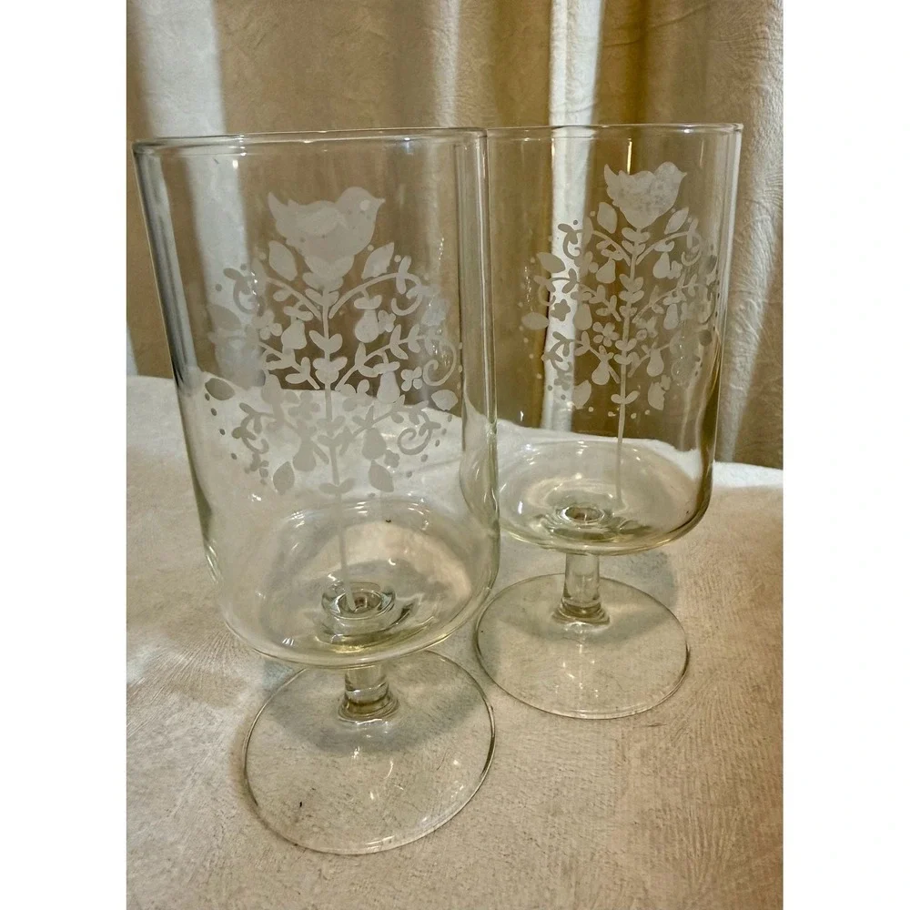 Set of 6 Georg Jensen Etched Partridge in a Pear Tree Stemmed Glasses